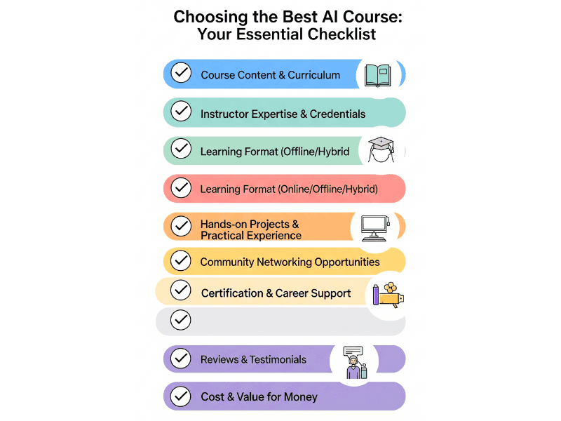 Top 7 Best Artificial Intelligence Programs to Learn in 2025 3 Checklist infographic showing how to choose the best artificial intelligence programs with factors like duration, certification, and instructor expertise.