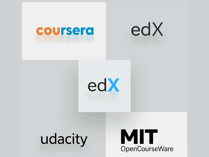 Top 7 Best Artificial Intelligence Programs to Learn in 2025 4 Collage of online learning platform logos such as Coursera, edX, Udacity, and MIT, representing the top 7 best artificial intelligence programs in 2025.
