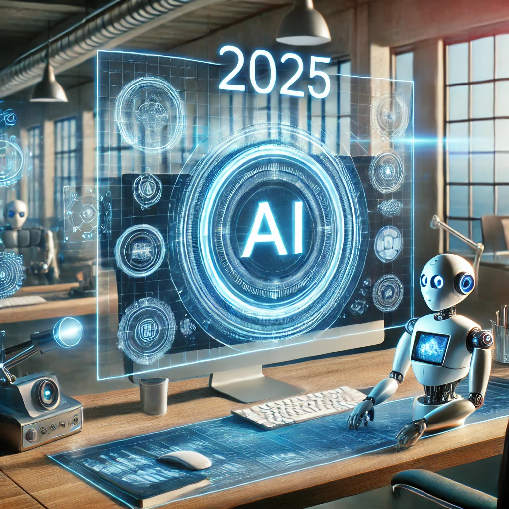 2025 AI technology display with a robot and holographic interface, highlighting Google AI capabilities for resume creation and job application success.