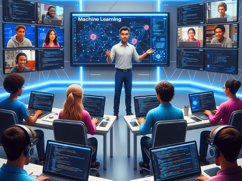 Top 7 Best Artificial Intelligence Programs to Learn in 2025 2 Students learning AI in a virtual classroom with laptops and code, illustrating the best artificial intelligence programs for beginners and professionals.