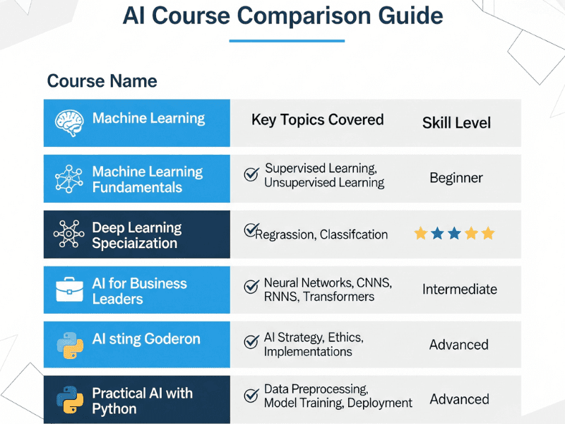 Top 7 Best Artificial Intelligence Programs to Learn in 2025 5 Stylized infographic comparison table highlighting features of the best artificial intelligence programs, including duration, certification, and unique benefits.