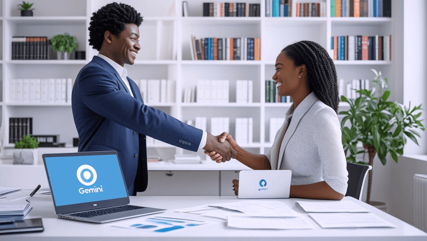 Professional handshake in a modern office with a Gemini AI-powered resume builder laptop, highlighting Google resume tool success for job seekers in 2025.