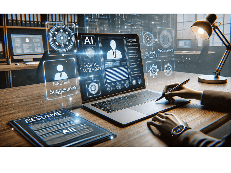 Holographic AI resume builder display with resume suggestions, showcasing Google AI features for building resume with AI in a modern office setting