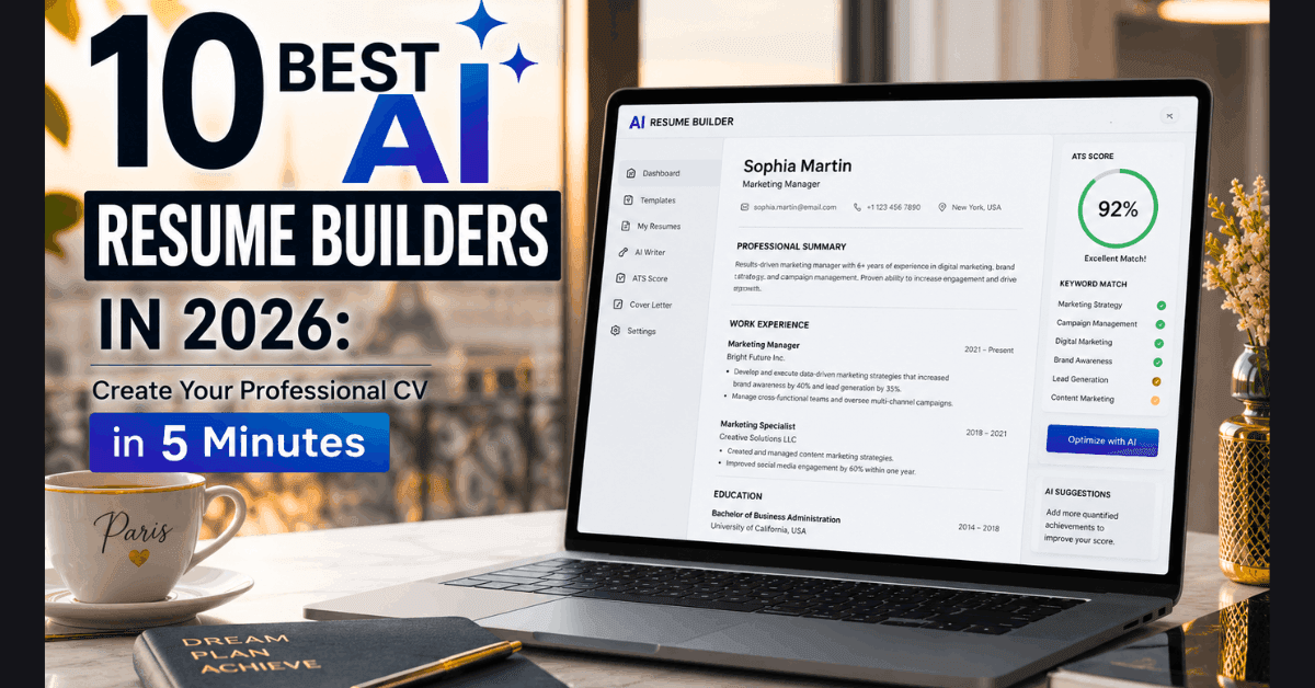 A modern realistic workspace featuring a sleek laptop displaying an AI resume builder interface, set in a soft French-style minimal office with natural lighting, coffee cup, and professional desk setup representing career growth and digital CV creation tools in 2026.