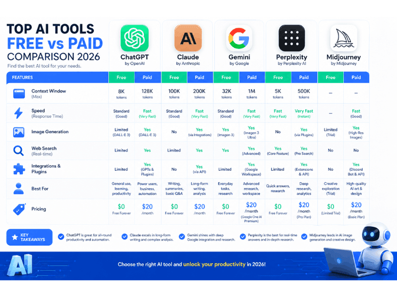Best Artificial Intelligence Programs 2026 - Free vs Paid AI Tools Comparison.