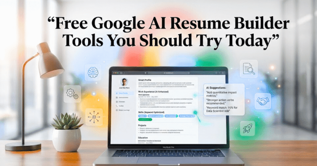 Free Google AI resume builder tools showing an ATS-friendly resume design with AI-powered suggestions, modern layout, and professional career branding interface.