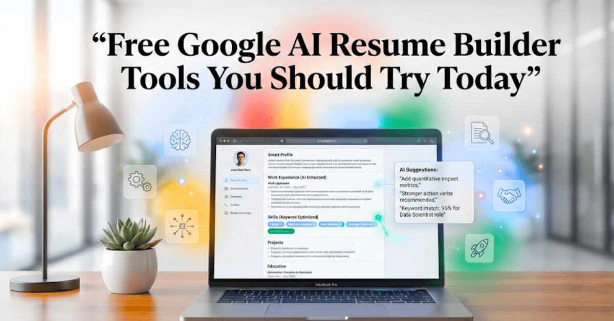 Free Google AI resume builder tools showing an ATS-friendly resume design with AI-powered suggestions, modern layout, and professional career branding interface.