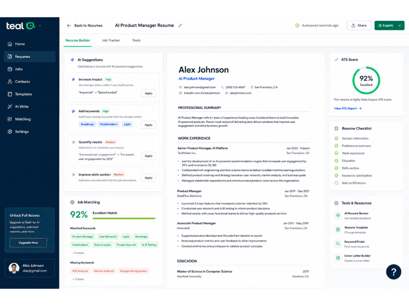 Teal AI Resume Builder Dashboard with 92% ATS Score 2026.