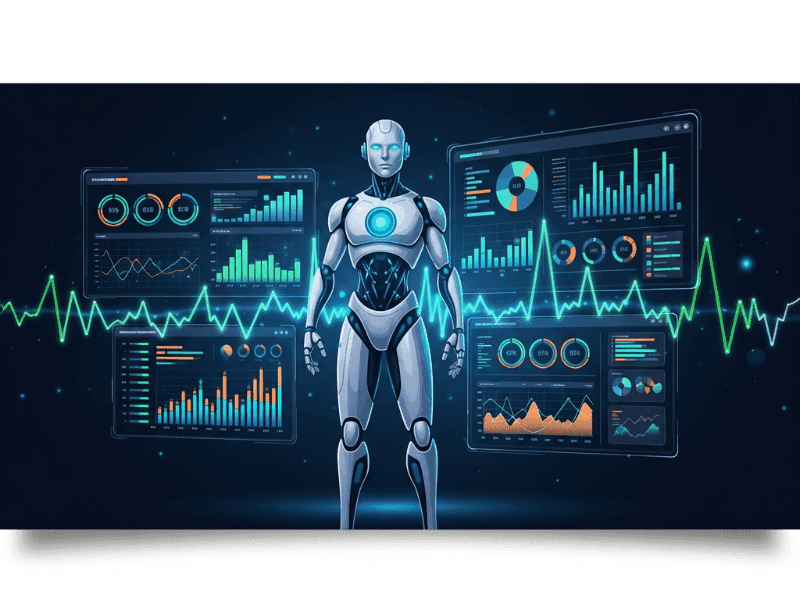 Futuristic AI assistant with glowing data dashboards, representing the future of AI Statistics Problem Solver in decision-making.