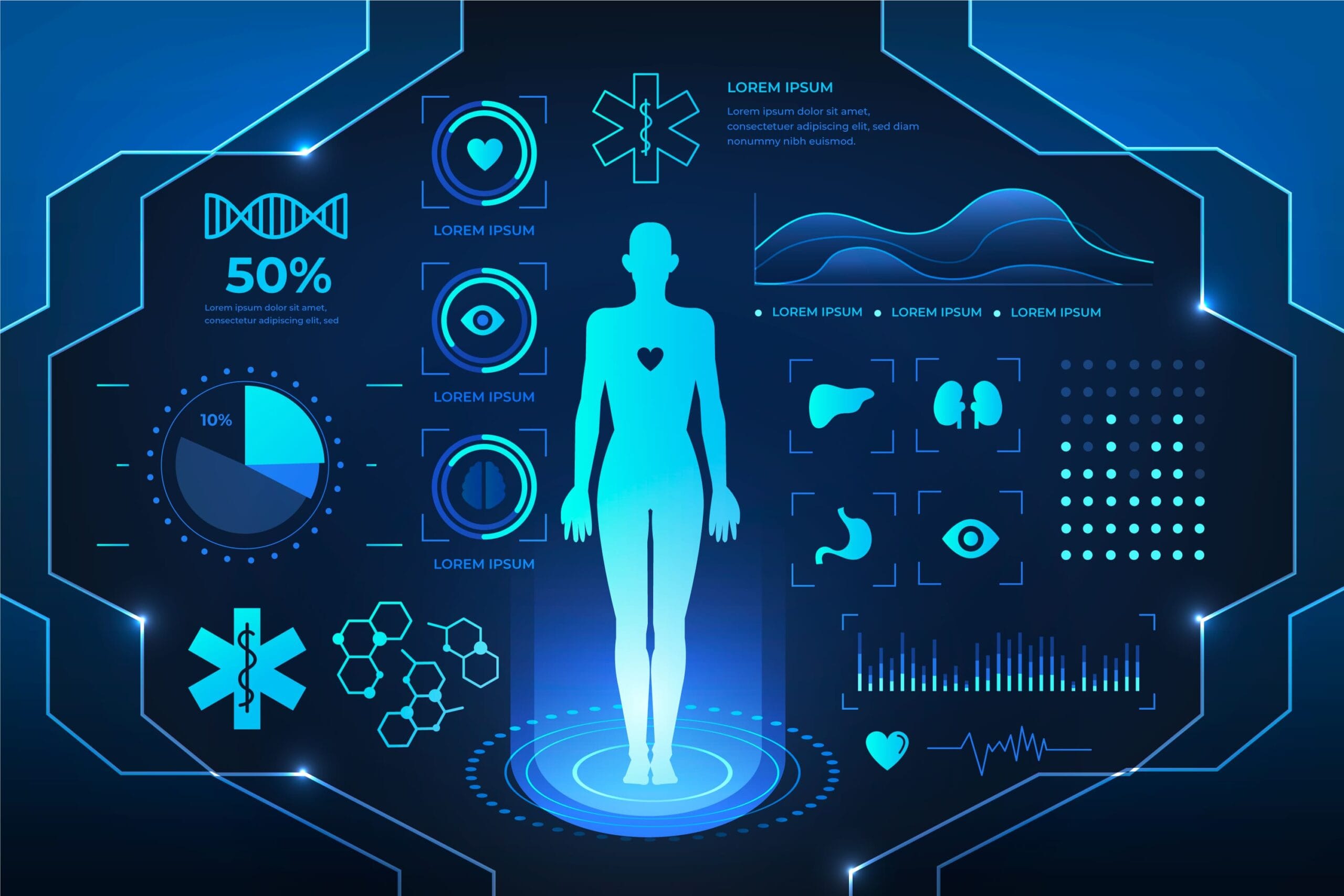 AI medical diagnosis online free interface scanning human body with digital health data and futuristic medical icons
