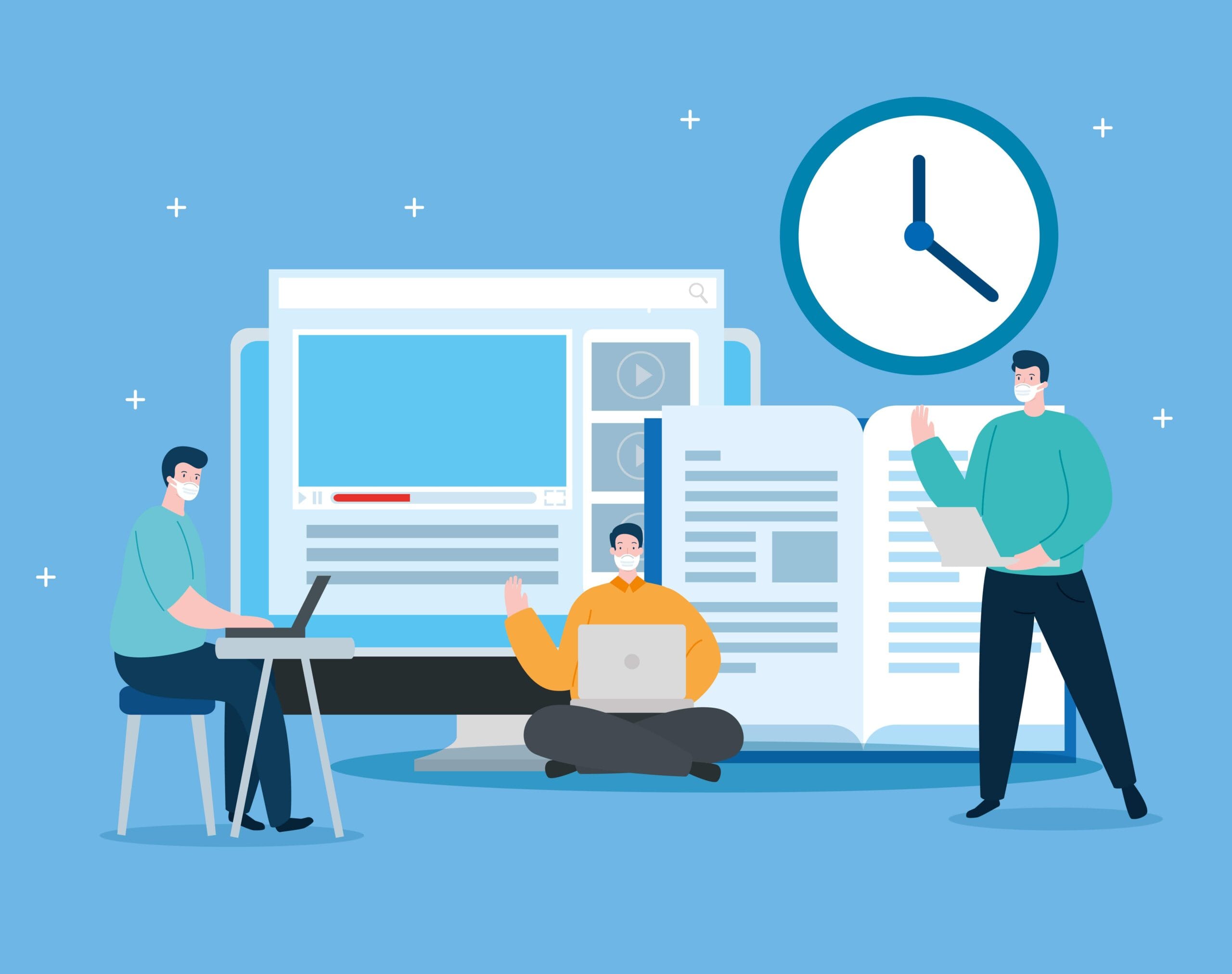 Illustration of people using laptops and saving time with digital tools, representing how an ai resume generator free helps create resumes quickly and easily.