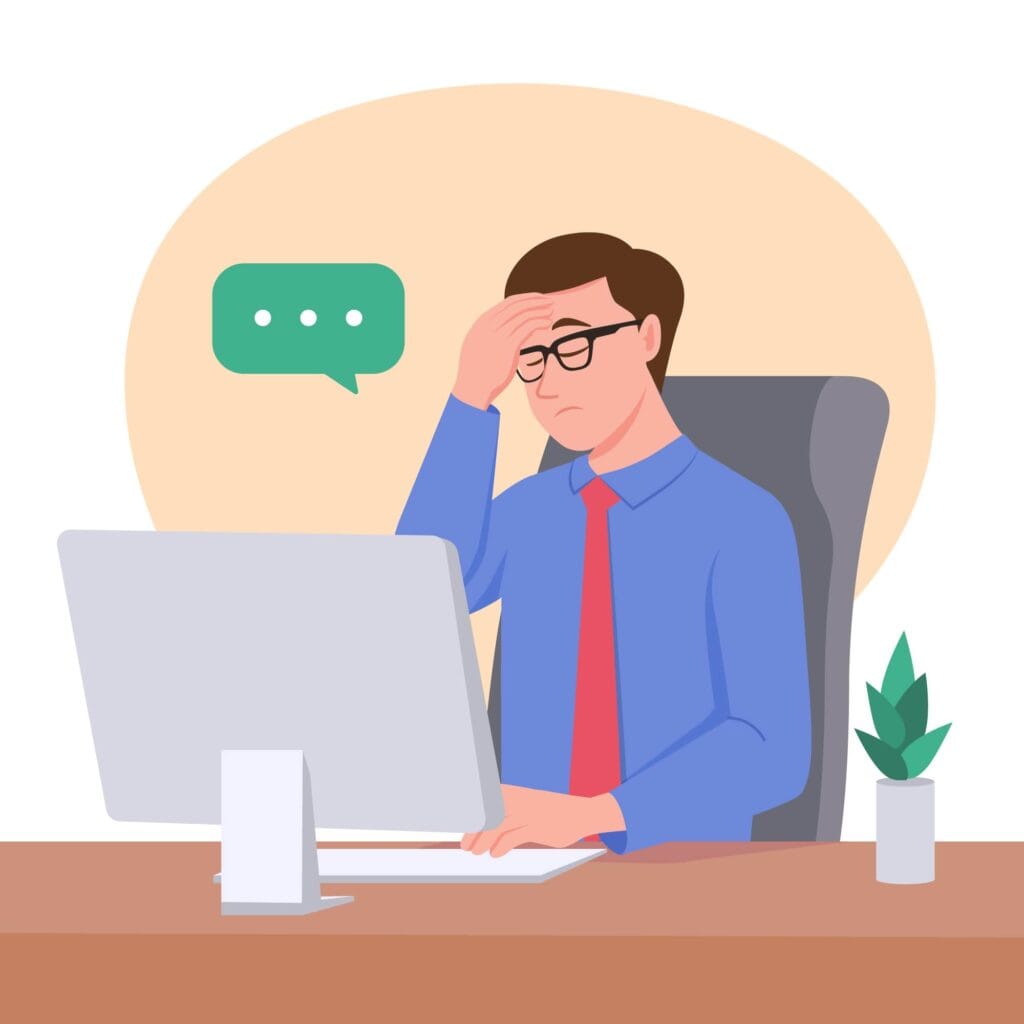 A frustrated job seeker sitting at a desk, confused about their resume, searching for ai resume review free tools on a computer.
