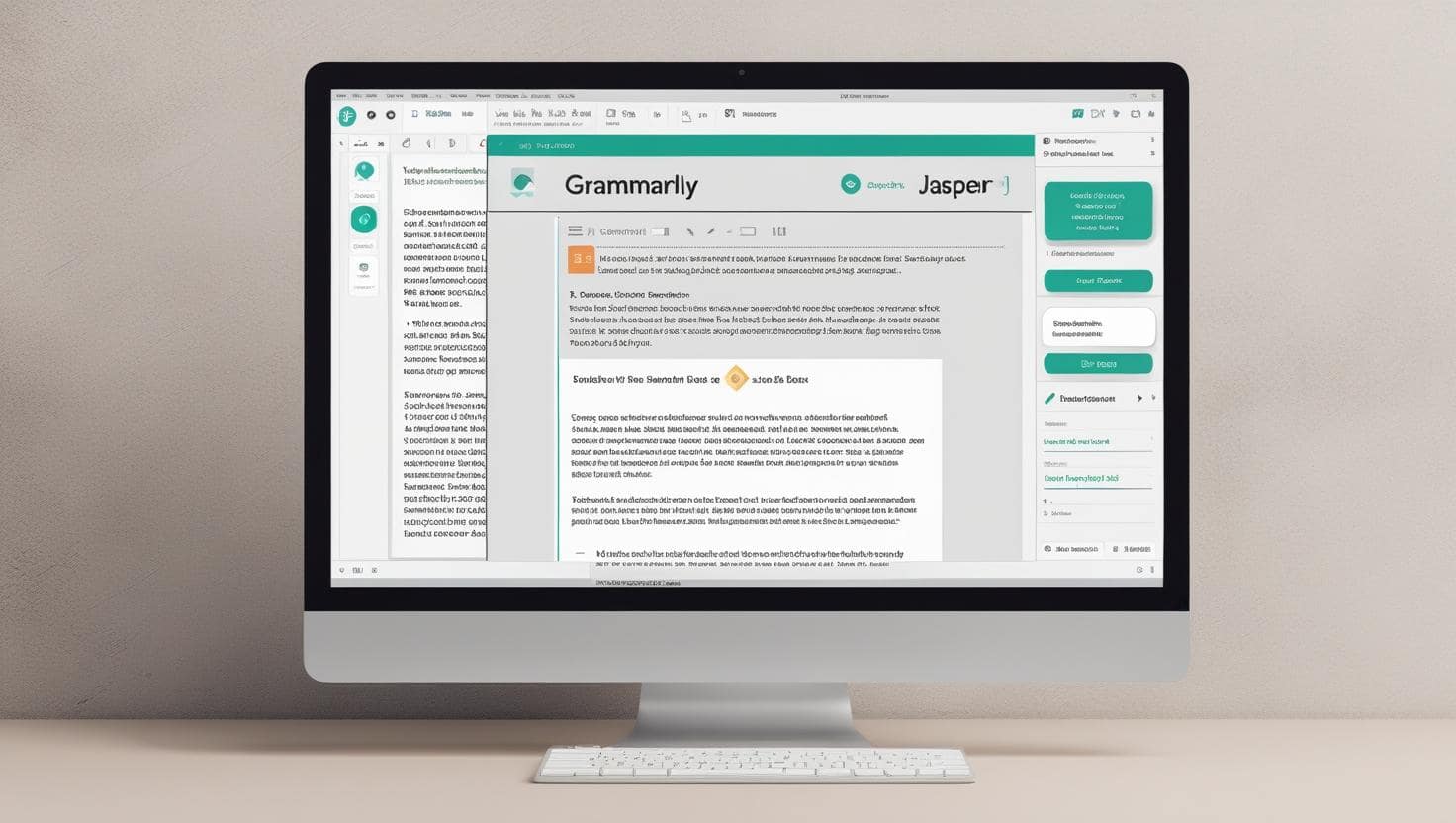 Illustration showing Grammarly and Jasper interfaces on a desktop screen – two of the best content AI tools for writing and editing in 2025