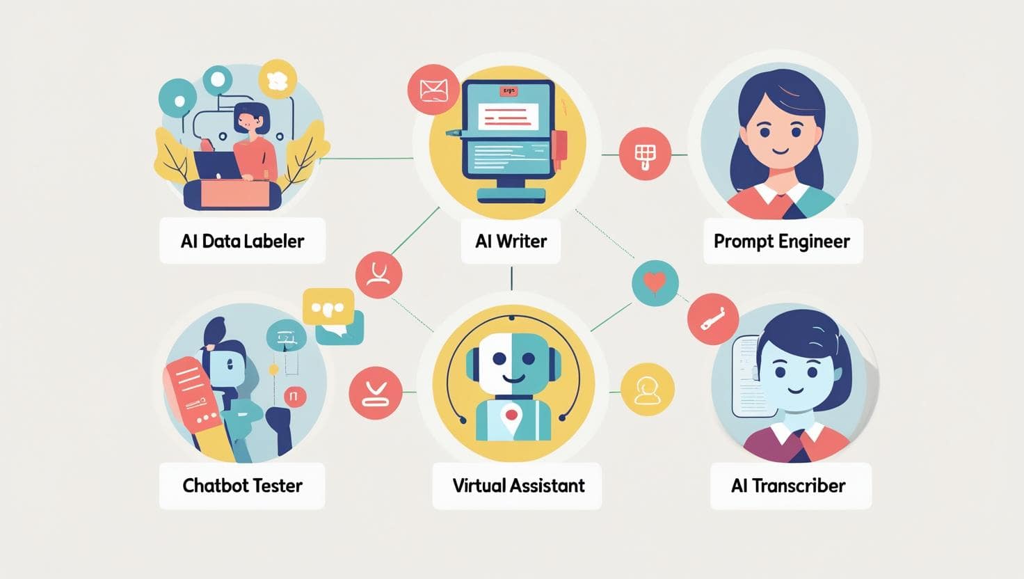 Infographic showing beginner-friendly AI jobs with no degree: AI Data Labeler, Prompt Engineer, AI Writer, Chatbot Tester, Virtual Assistant, and AI Transcriber