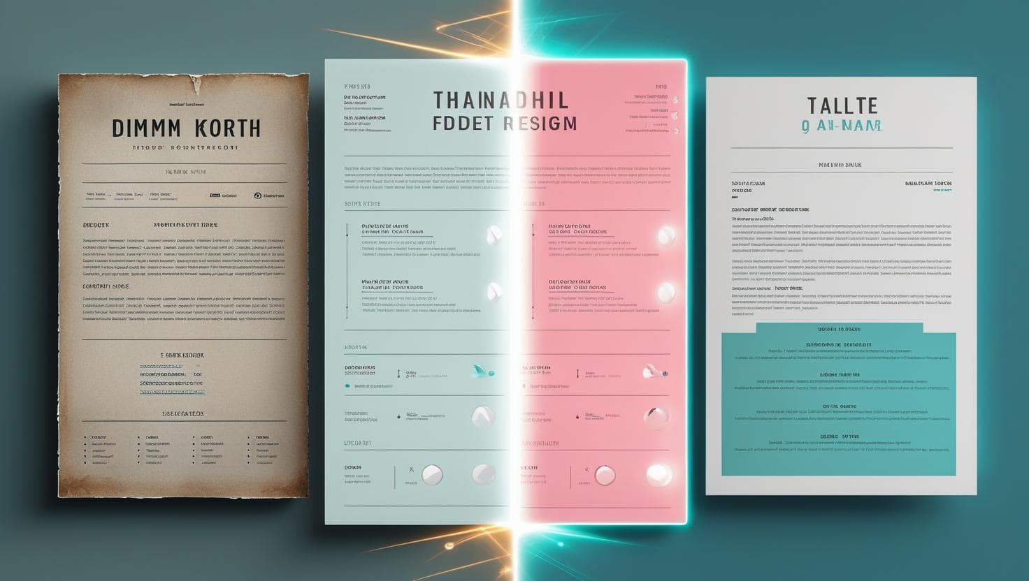Split screen showing old style resume on left and new optimized resume with glowing AI effects on right – digital transformation style min