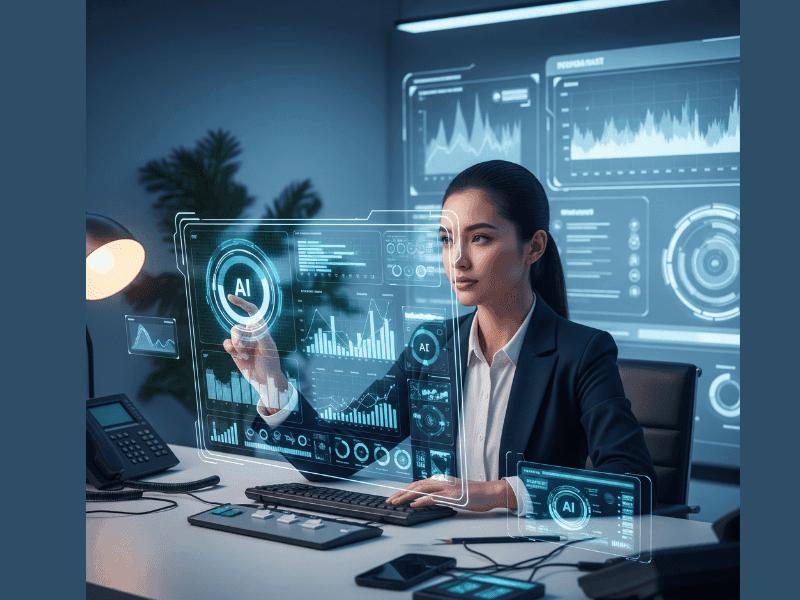 Female product manager analyzing AI dashboard data in modern office environment — representing Best AI Courses for Product Managers in 2025