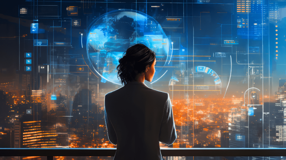 Business professional looking at futuristic digital interface representing the global rise of AI Prompt Engineer Jobs Remote