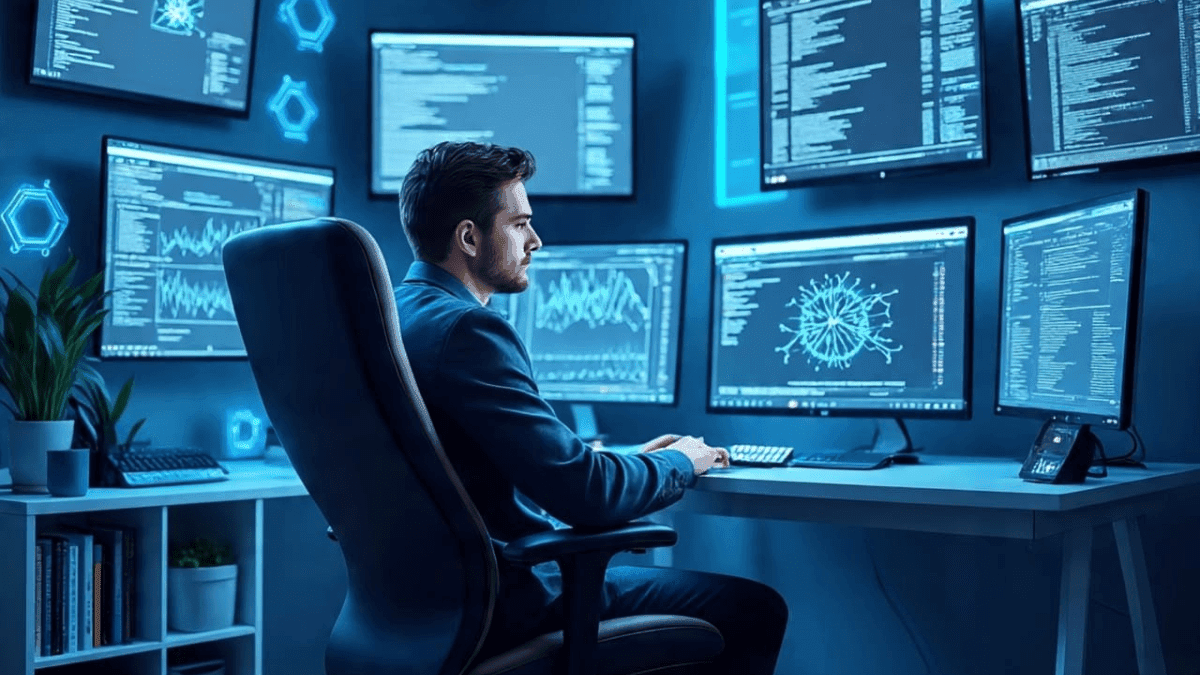 Remote AI prompt engineer working from home with multiple monitors showing code and neural network visualizations in 2025