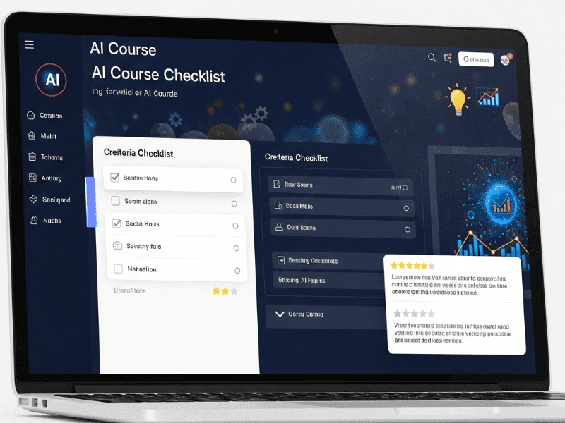 AI course interface on laptop screen with checklist criteria — helping choose the Best AI Courses for Product Managers