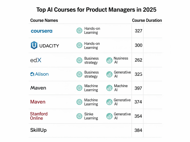 Infographic summary of 7 Best AI Courses for Product Managers in 2025 — platforms, course focus, and learning format comparison