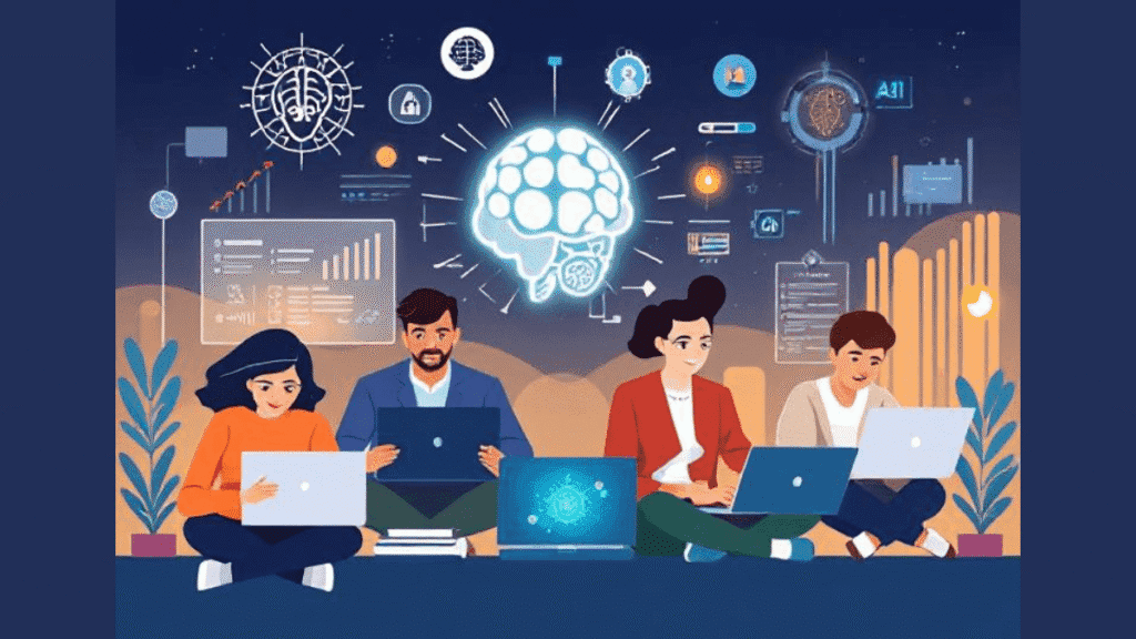 “Illustration of product managers learning AI in 2025 with laptops and futuristic tech icons”