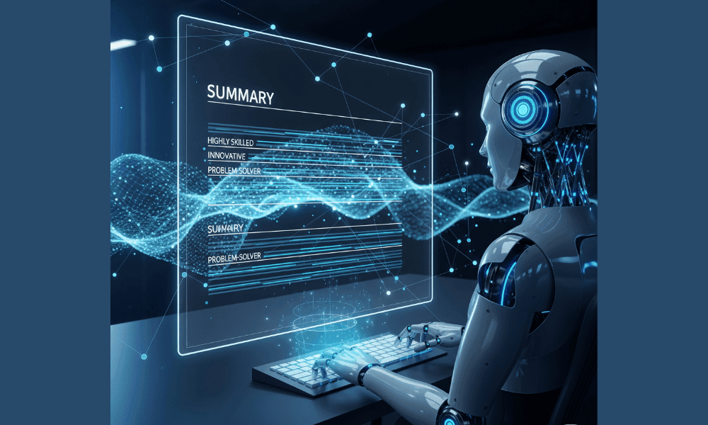 AI professional summary generator creating a resume summary on a futuristic digital screen with a robot typing