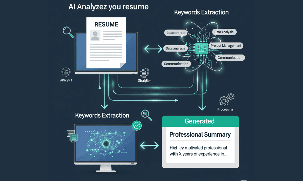 Infographic showing how an AI professional summary generator extracts keywords from a resume and creates a tailored summary