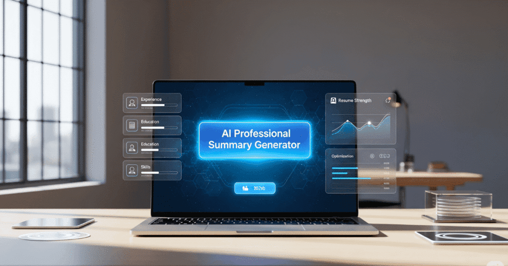 AI professional summary generator tool interface on laptop screen 2025
