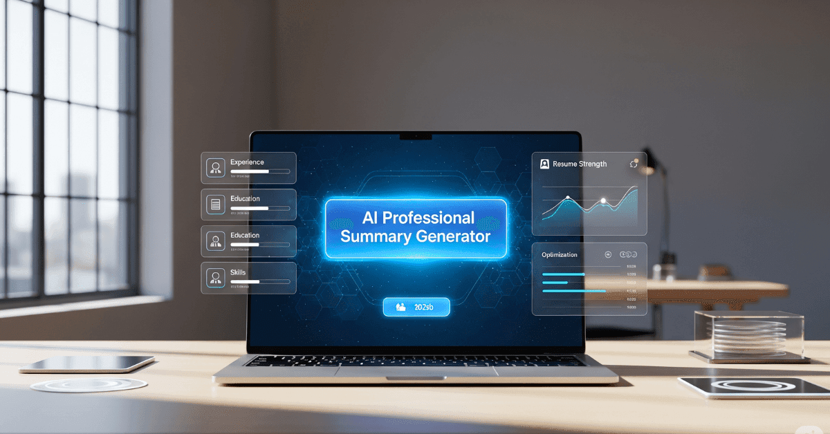 AI professional summary generator tool interface on laptop screen 2025