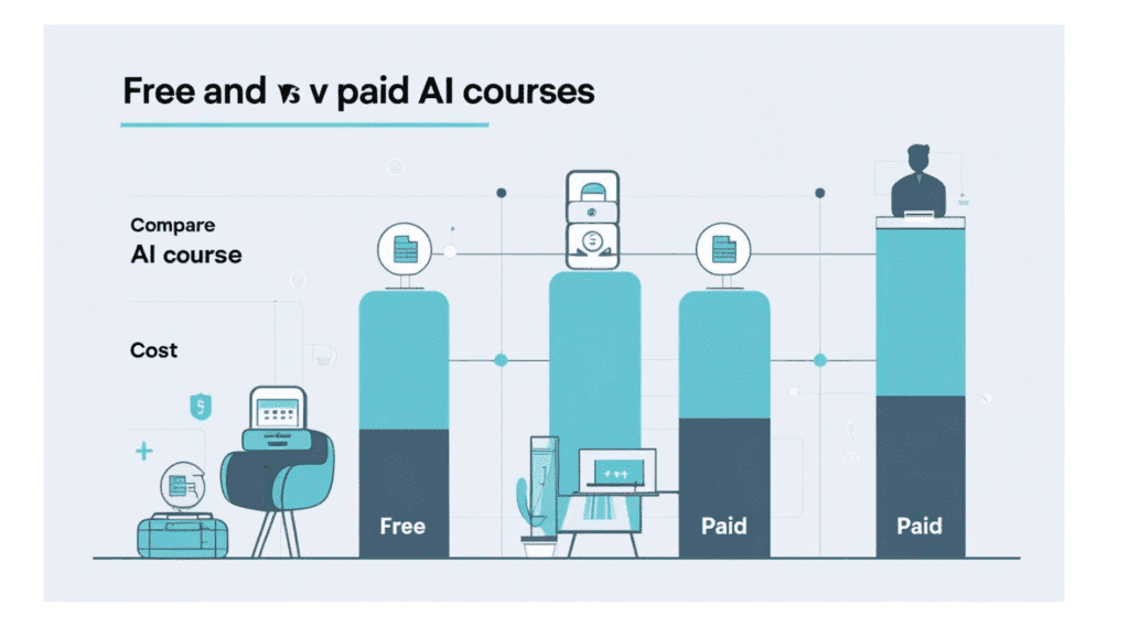 "Comparison table highlighting features of Free vs Paid options in Best AI Courses, including cost, content depth, certificates, and project involvement.