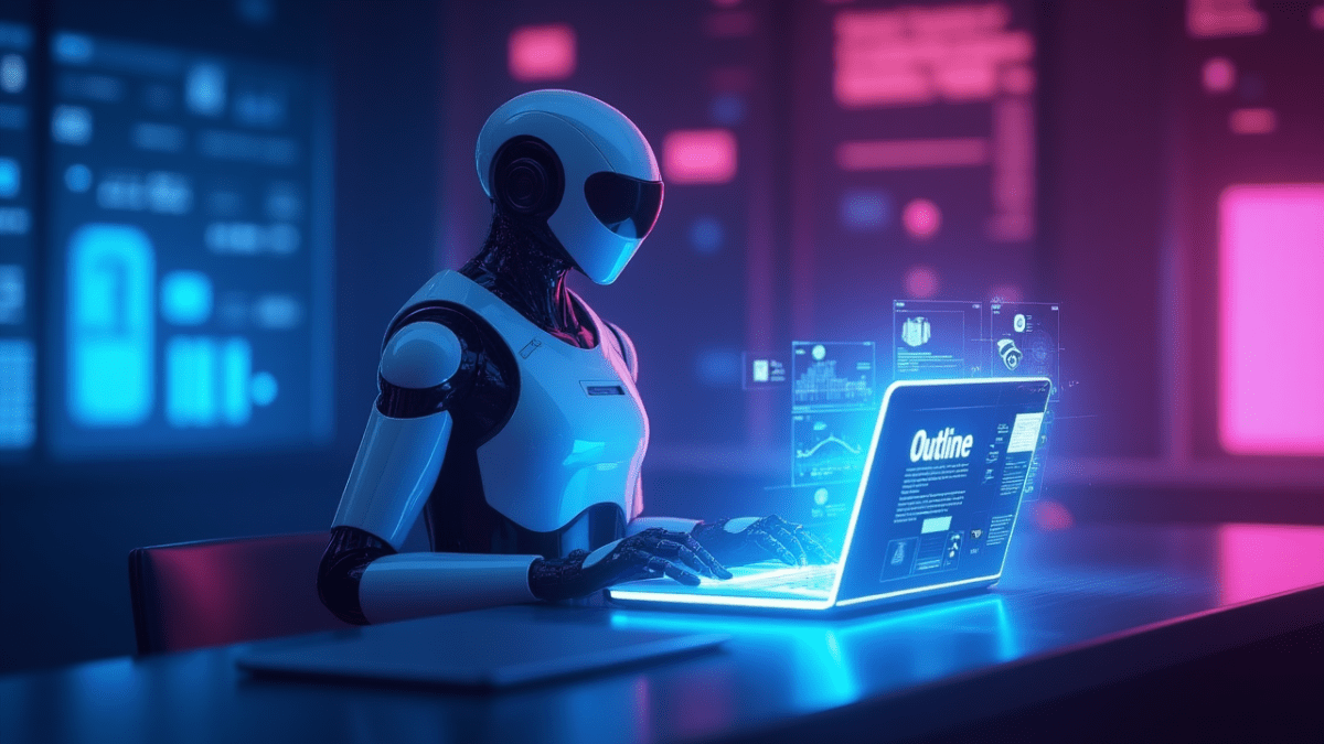 AI course creator ChatGPT 2025 - Futuristic robot teaching online courses with laptop (AI-powered e-learning)