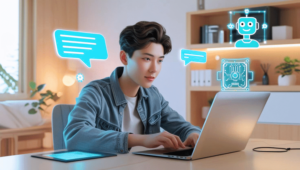 An AI-generated image showing a person working remotely on a laptop in a home office with floating AI icons, representing remote AI prompt writing jobs