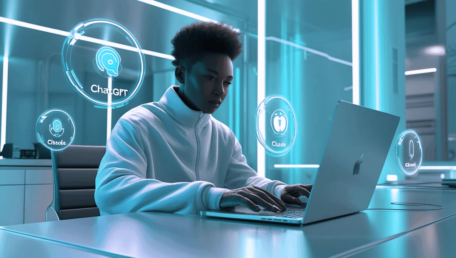 AI prompt engineer working on a laptop with floating logos of ChatGPT, Claude, and Gemini in a futuristic workspace β representing the future of AI prompt engineering courses in 2025.