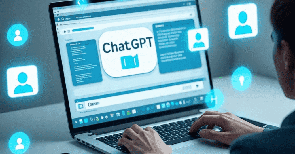 AI course creator ChatGPT interface on laptop screen with user designing an online course using artificial intelligence tools.