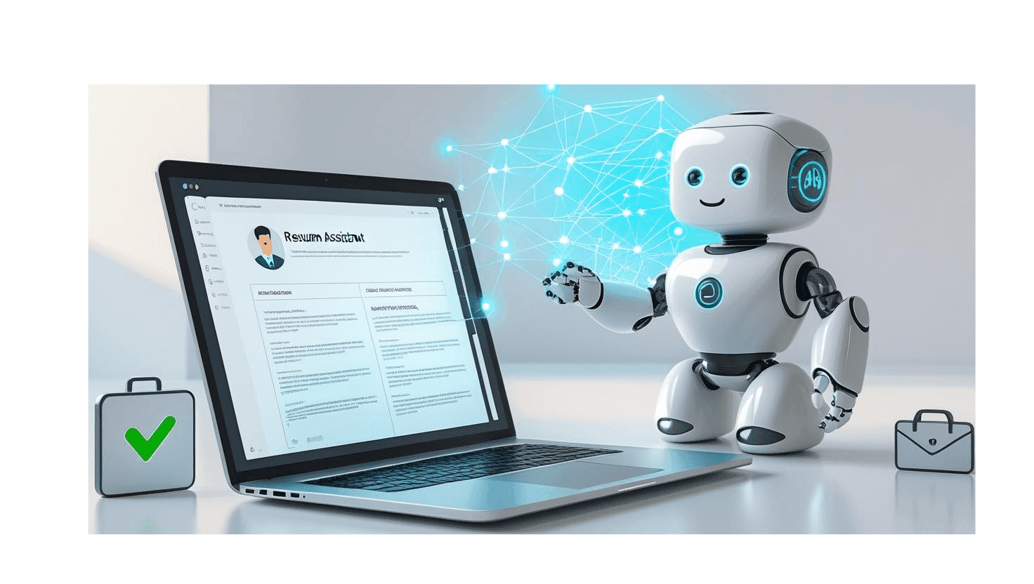 Top 5 AI Resume Review Free Tools to Fix Your CV Fast 1 Friendly AI robot reviewing a resume on laptop screen with job icons and network effect in the background