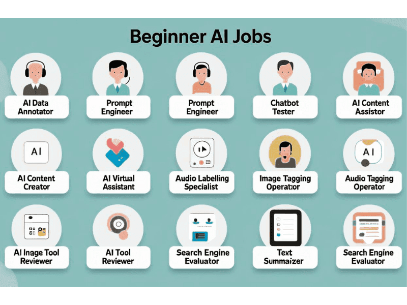 Infographic showing beginner roles in online AI jobs no experience, including AI data annotator, chatbot tester, prompt engineer, and more.