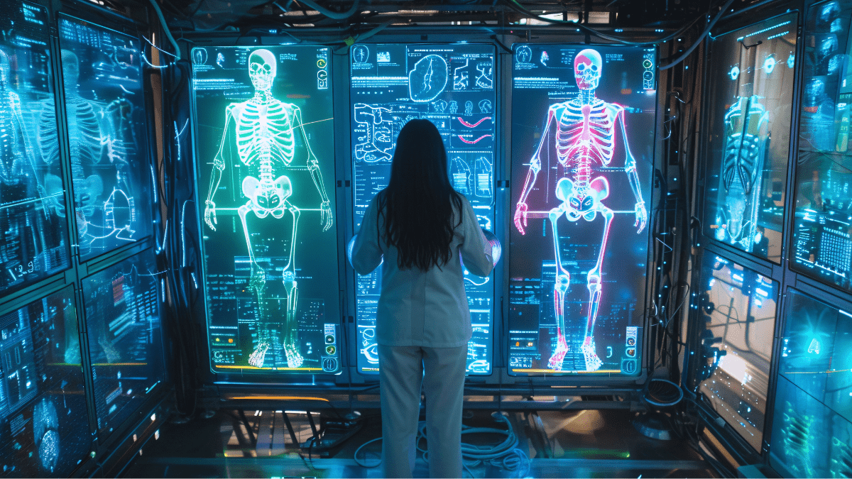 A medical student using the best AI for medical students to analyze holographic human skeletons on futuristic digital screens in 2025.