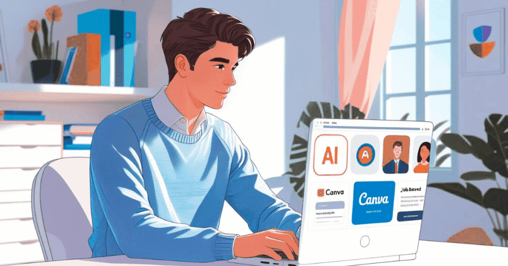 A person working remotely on AI jobs from home using tools like ChatGPT, Canva, and job boards, representing online AI jobs with no experience.