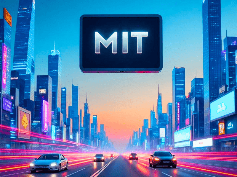 Futuristic city skyline with glowing MIT logo symbolizing innovation in AI courses MIT offers for the future of technology.