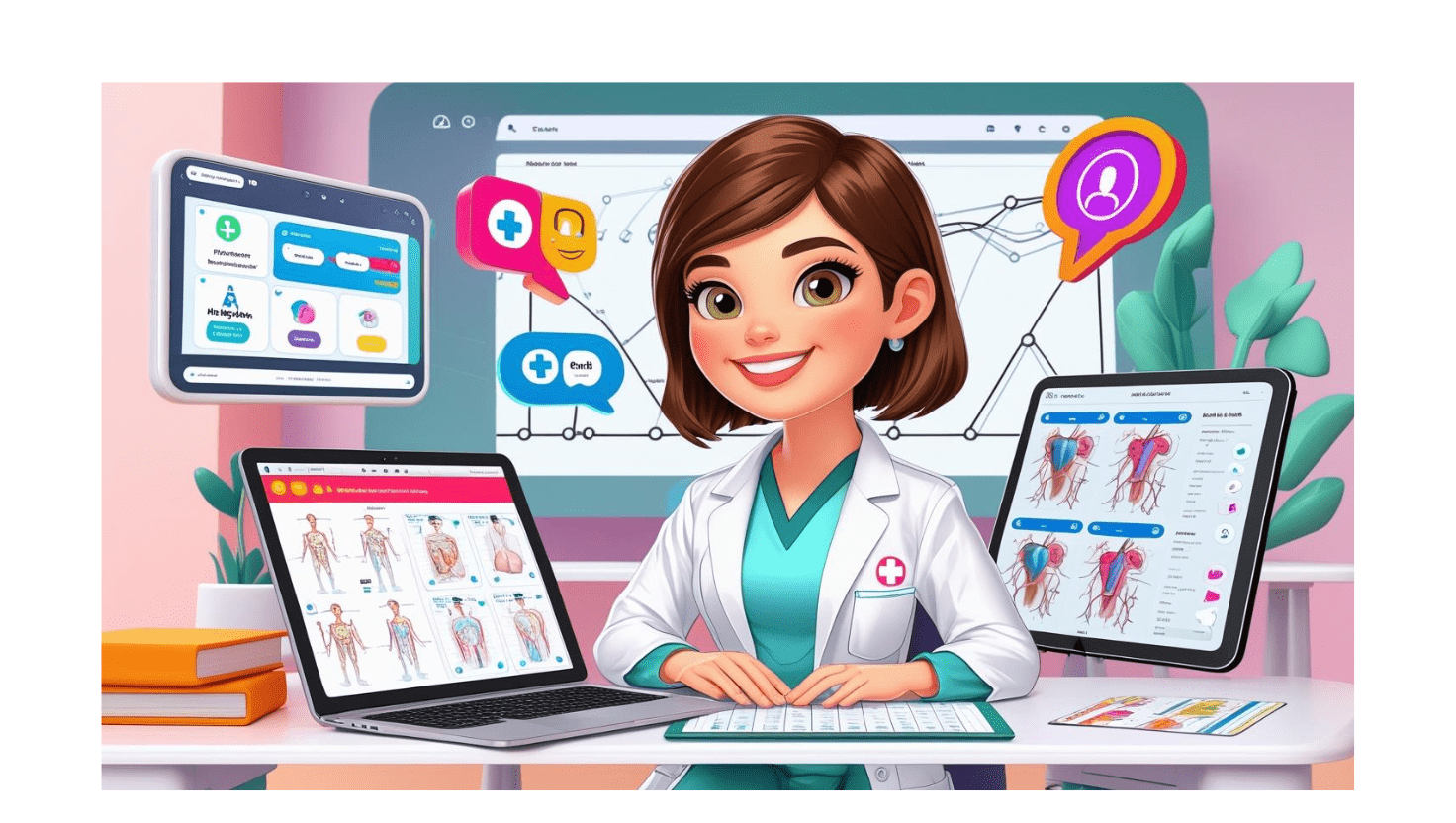 Nursing student using AI tools for flashcards, voice study, virtual patient simulation, and group study planning
