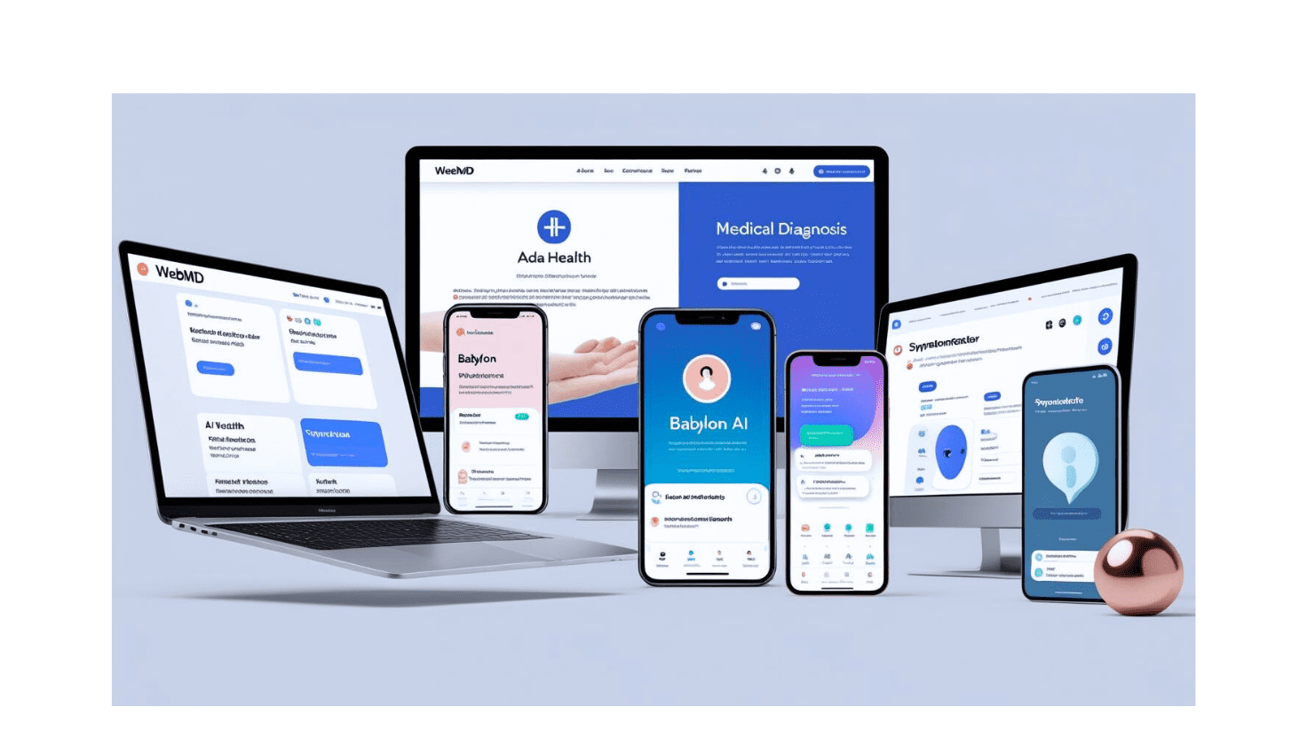 Top 5 AI medical diagnosis online free tools including WebMD, Ada Health, Babylon, Youper, and Symptomate shown on various digital devices