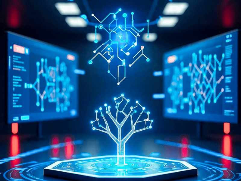 Digital representation of machine learning algorithms like decision trees and neural networks, highlighting concepts from AI courses MIT provides using Python.