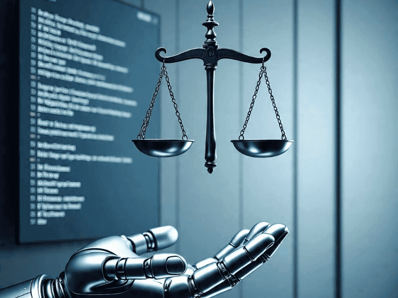 Robot hand holding a justice scale symbolizing the legal and ethical challenges explored in AI courses MIT offers.