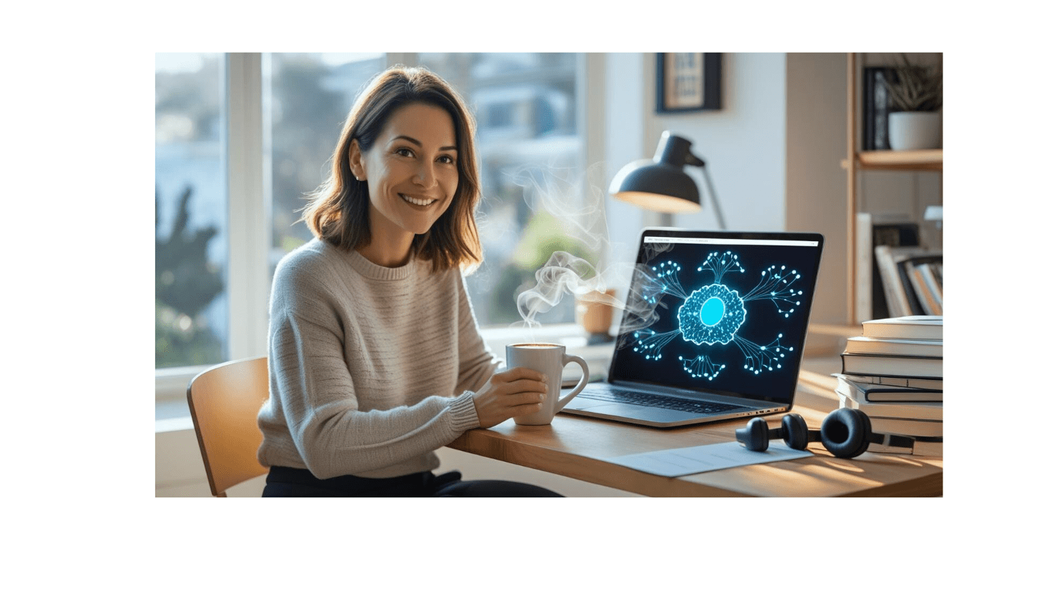 5 Best Work From Home Teaching AI Jobs – Apply Now 1 A remote teacher conducting an online AI class from home, using a laptop with AI graphics on the screen.