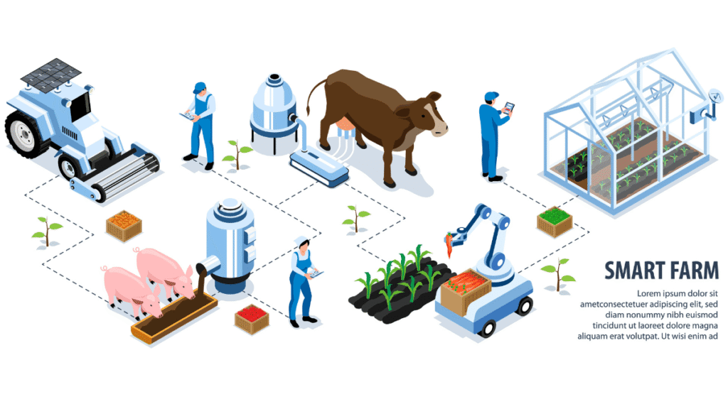 AI-powered cattle farm in 2025 with smart sensors, automated feeding, drones, and a farmer monitoring health on tablet