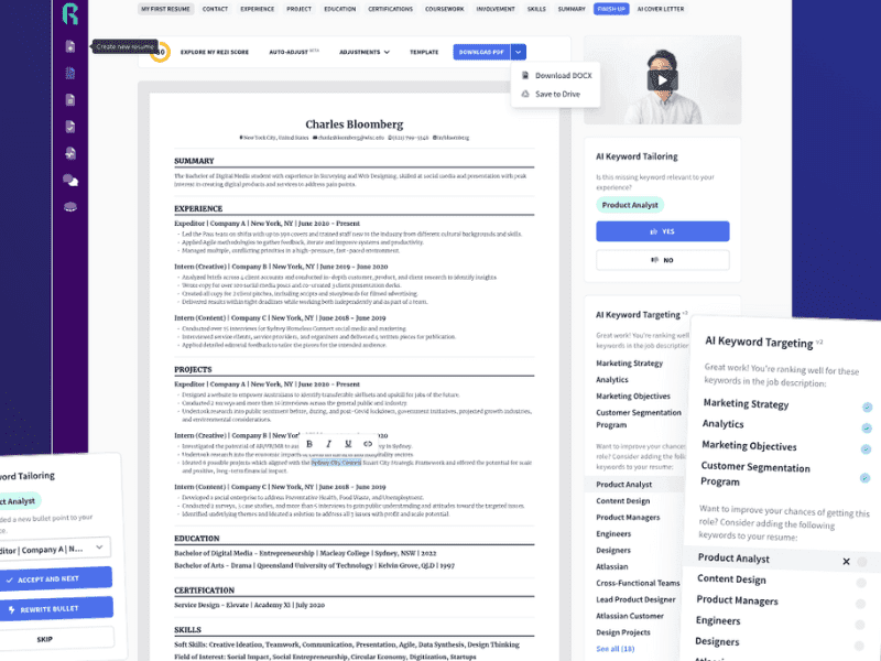 Screenshot from Rezi.ai showing ATS optimization and AI keyword targeting features used in resume building