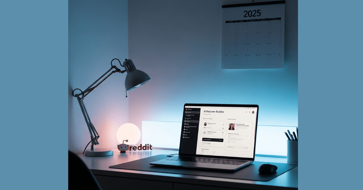 AI Resume Builder interface with Reddit reviews and 2025 job market focus