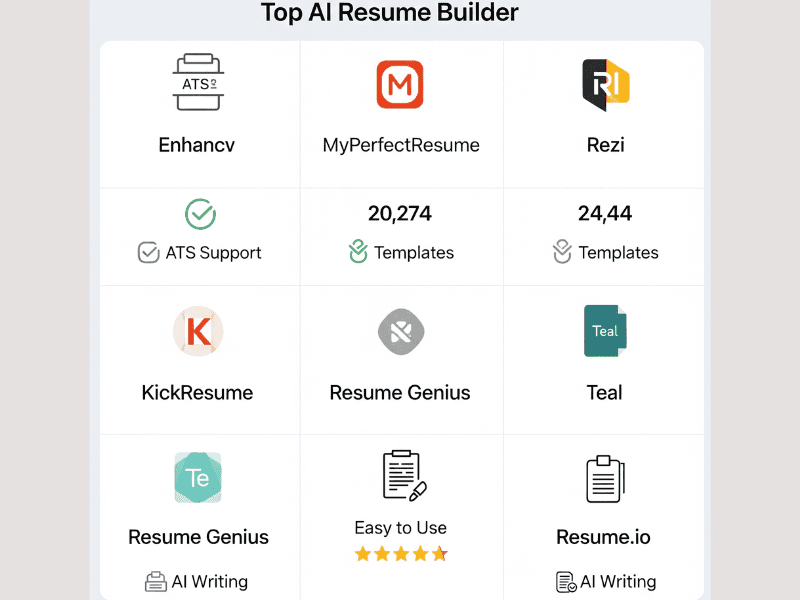 Infographic comparing top AI resume builders in 2025 including Rezi, Enhancv, Teal, and others with key features.