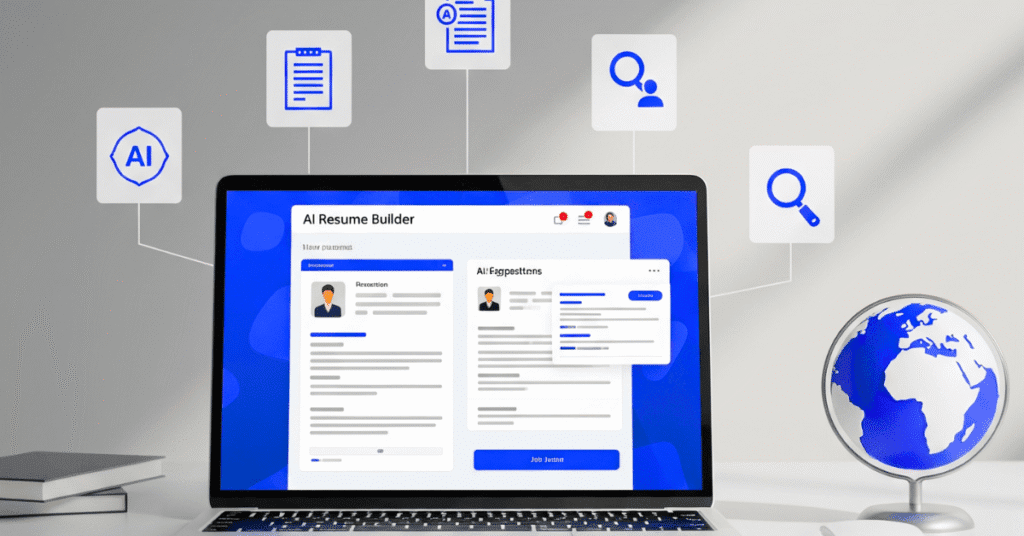 Modern AI resume builder interface on laptop for global job seekers with free tools in 2025"