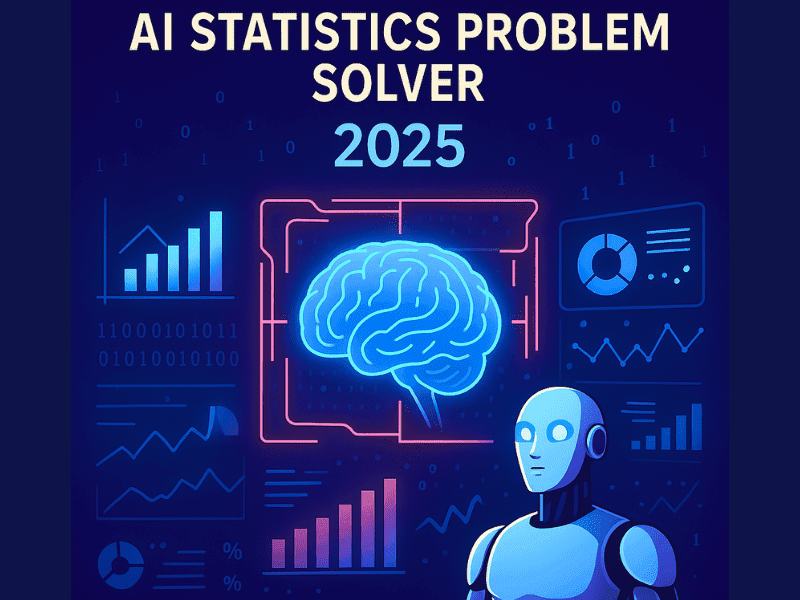 AI Statistics Problem Solver visual showing a futuristic robot analyzing advanced data dashboards, symbolizing top AI statistics tools and solutions in 2025.